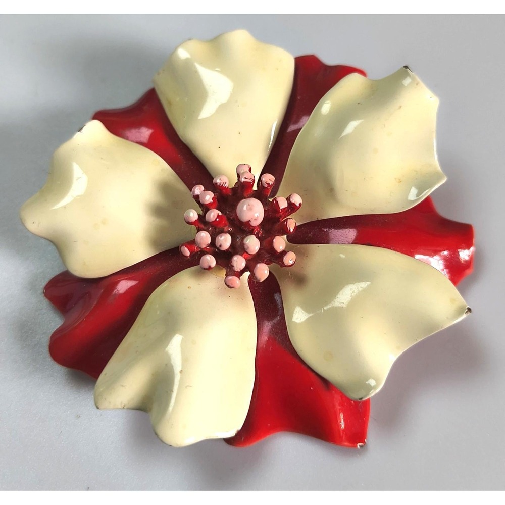Vintage Enamel Flower Power Mod Pop Art Brooch Red Cream 2 1/2"